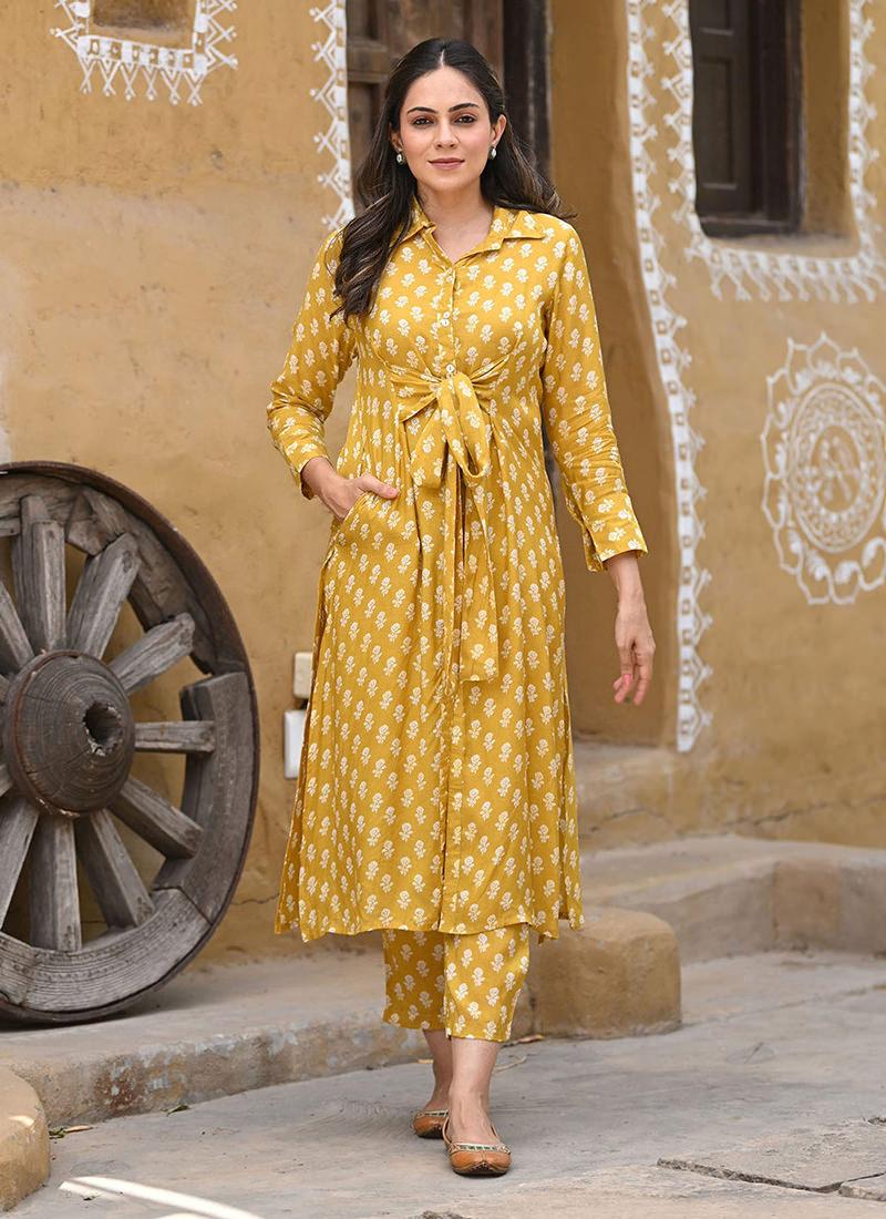 Printed Yellow Long Coat Style Kurti Geniue Stockist