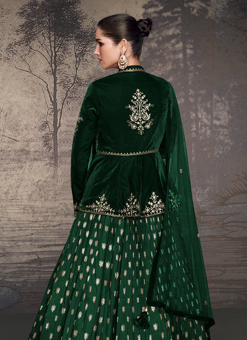 Dazzling Forest Green Embroidered Peplum Style Lehenga Choli Cheap Pice Cost