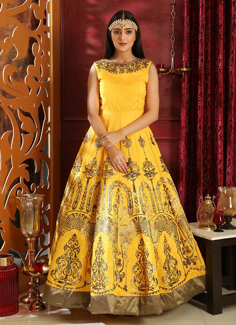 Elegant Bright Yellow Silk Designer Gown With Metallic Foil Print Affordable Cheap Online