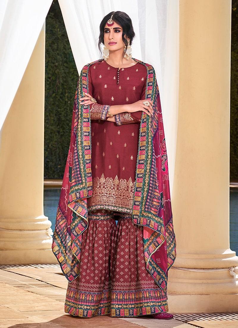 Digital Printed Maroon Silk Weave Sharara Suit With Matching Dupatta Cheap Low Shipping Fee