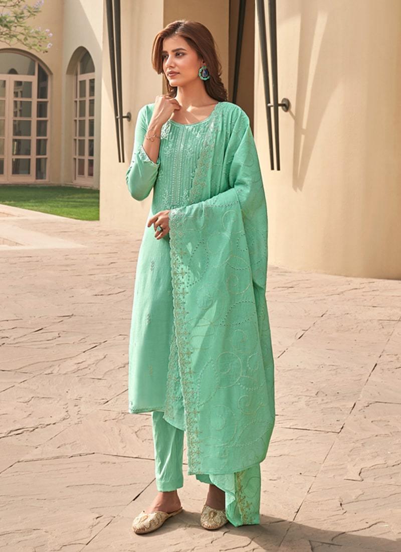 Glorious Sea Green Color Art Silk Fabric Pant Style Salwar Suit Buy Cheap Hot Sale