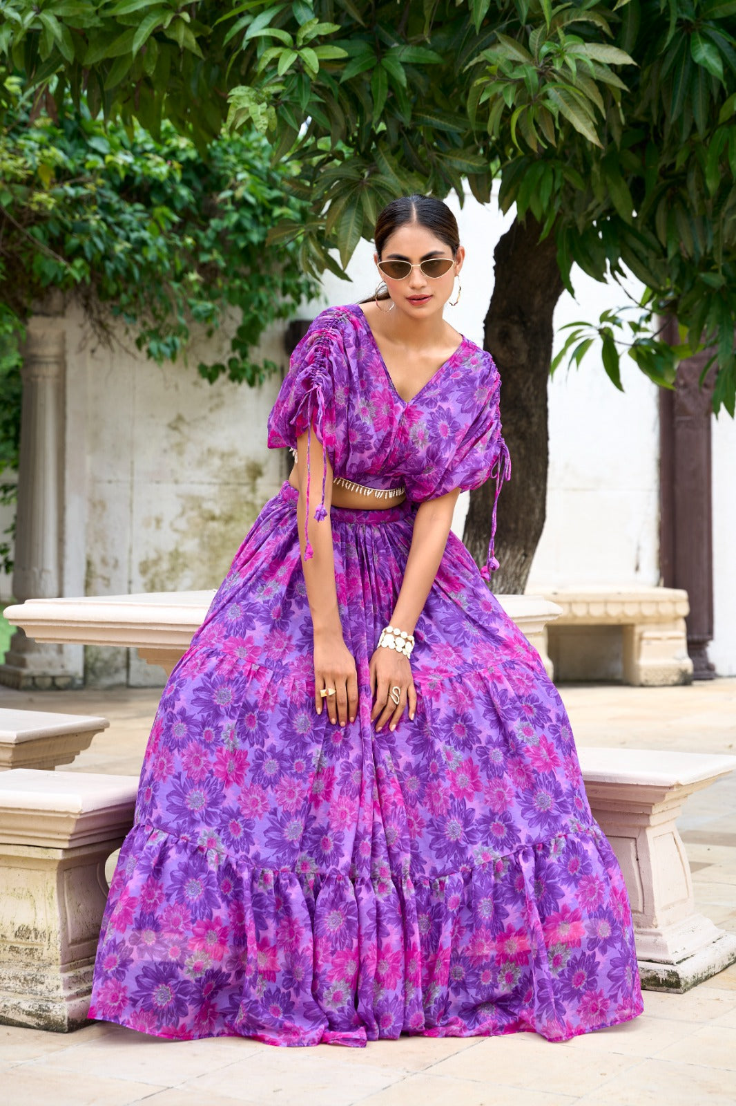 Elegant Chiffon Purple Floral Printed Lehenga Choli Cheap Shop