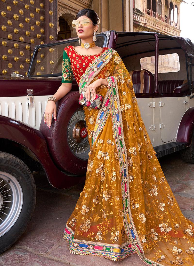 Sequins And Flower Embellished Mustard Net Saree Free Shipping Official