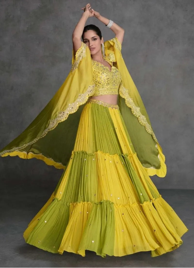 Designer Yellow Embroidered Organza Silk Lehenga Set with Crop Top For Sale Free Shipping