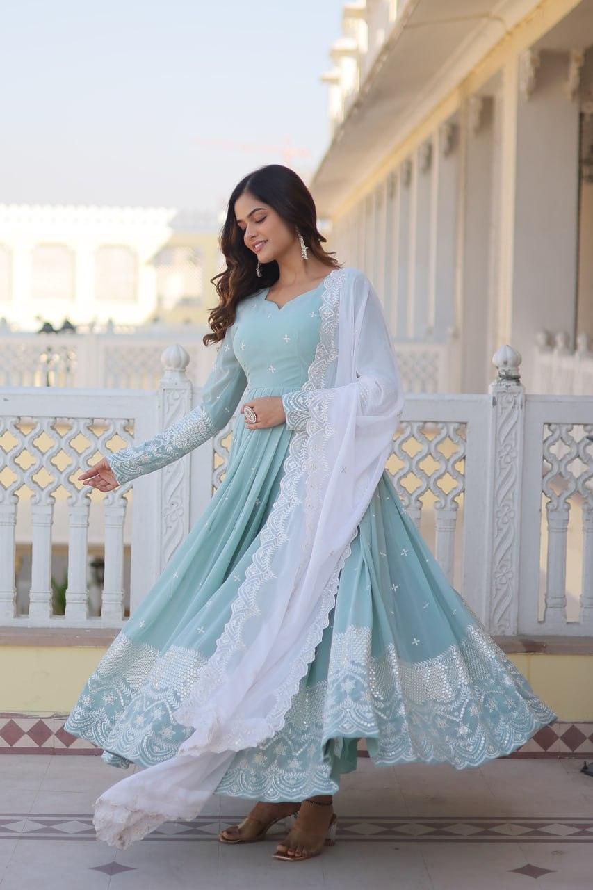 Sky Blue Faux Georgette Thread Sequins Embroidered Gown Cheap Sale Latest Collections