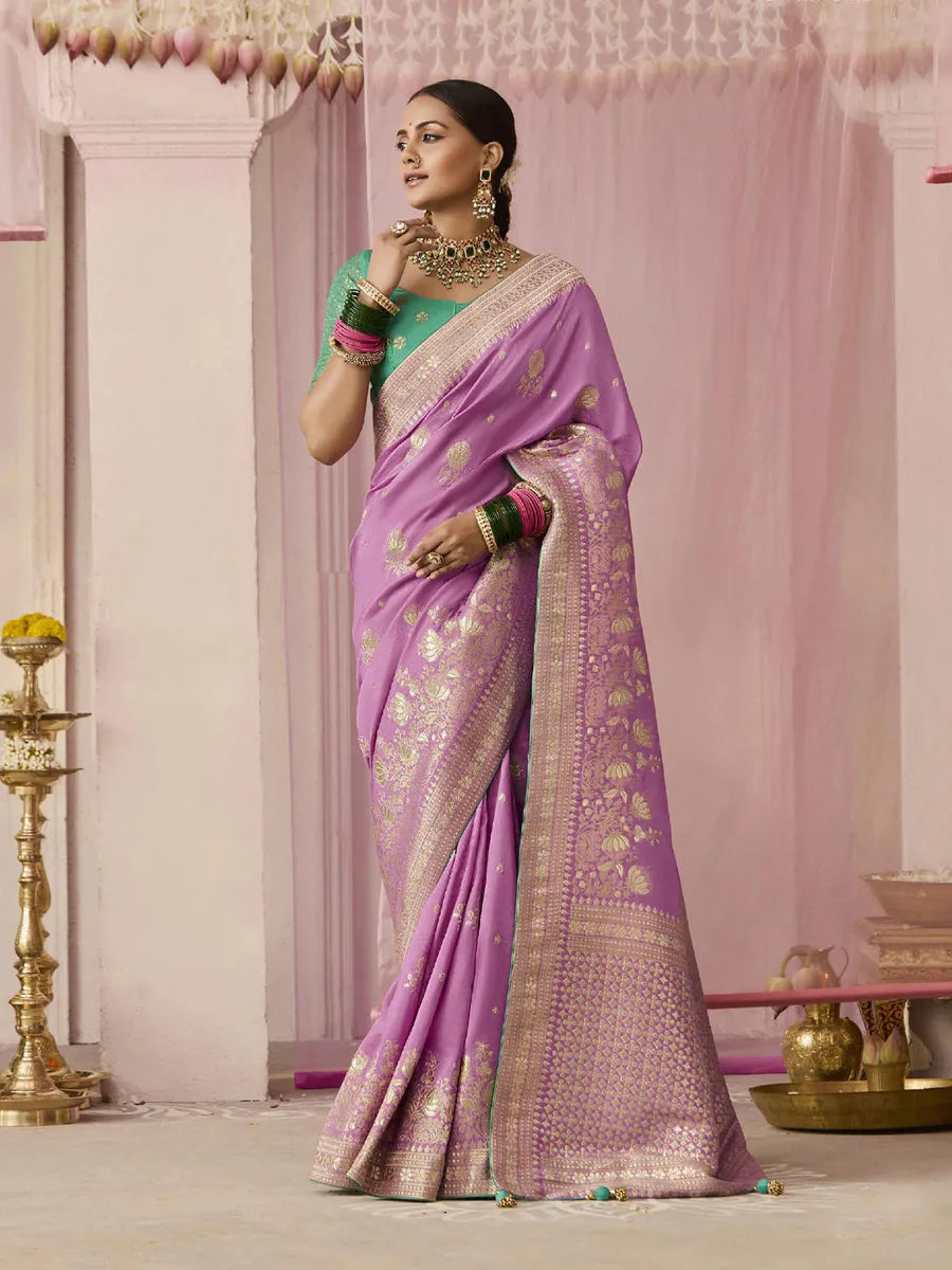 Lavender Designer Silk Saree with Floral Weaving Work Cheap Sale Online