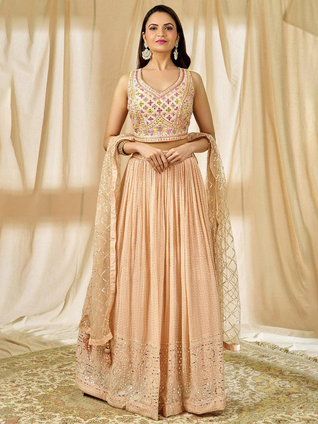 Peach Georgette Sequins Work Pleated Lehenga choli Low Cost Online