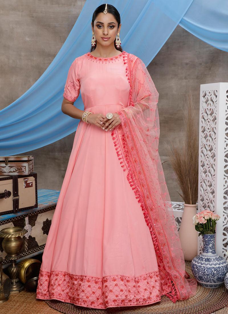 Pink Resham Stone Work Georgette Soft Net Anarkali Salwar Suit Outlet Pices