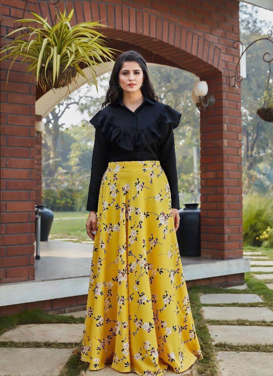 Yellow Color Digital Print Flared Lehenga Choli With Black Top Cheap Sale Visit