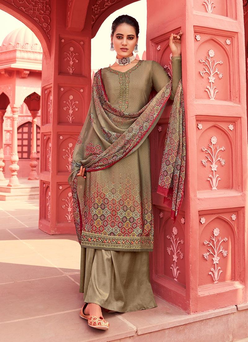 Brown Color Crepe Fabric Stone Work Printed Palazzo Salwar Suit Sale Online Cheap