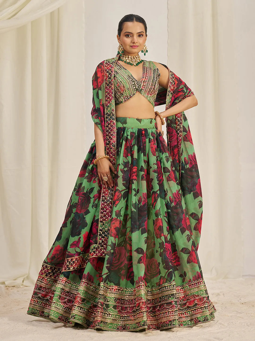 Parrot Green Organza Zari Dori Sequins Floral Lehenga Choli Set Clearance Official Site