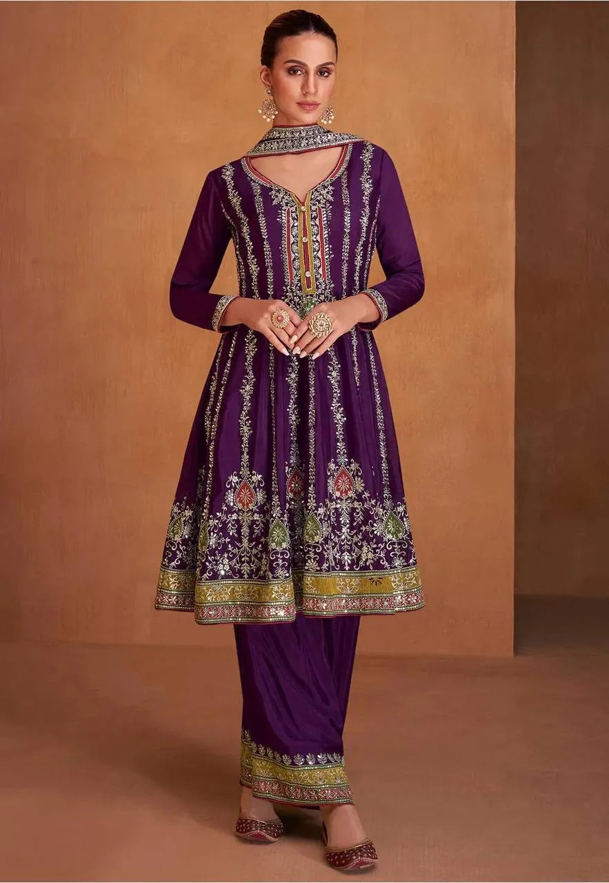 Passionate Purple Chinon Embroidered Palazzo Suit Free Shipping Top Quality