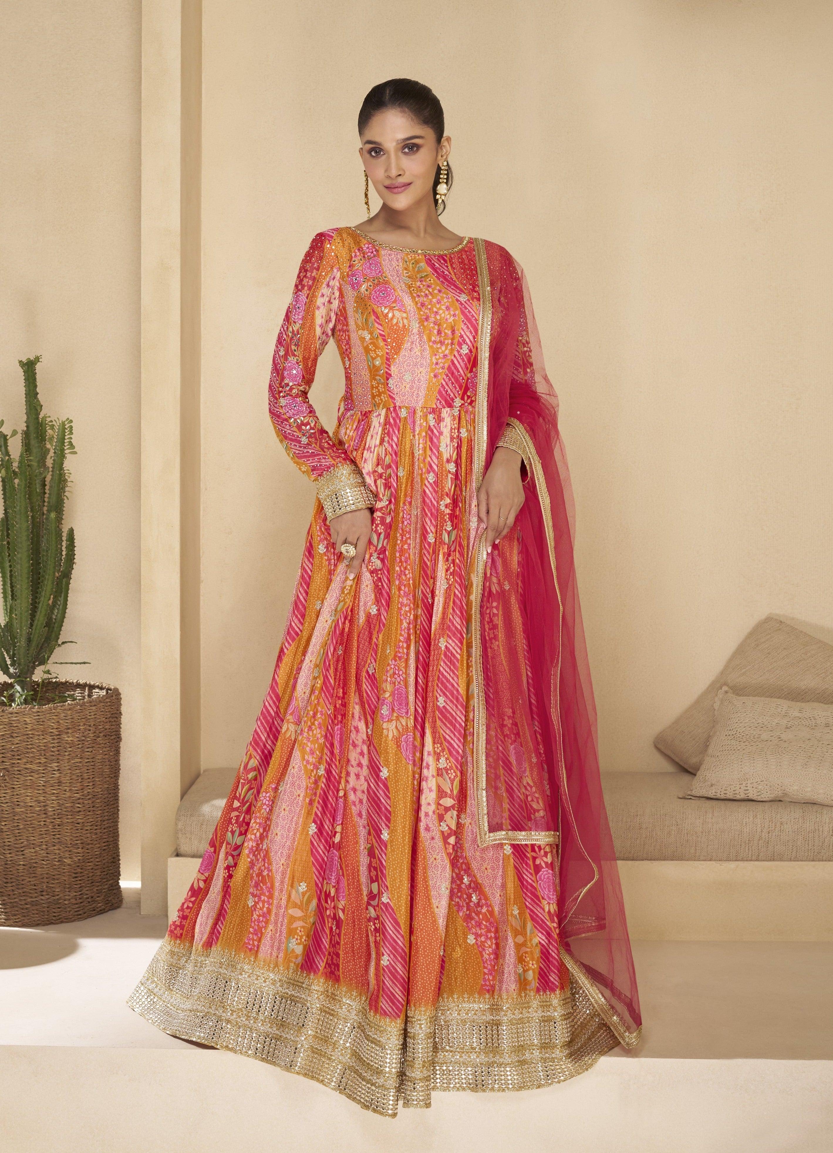 Orange Pink Pure Georgette Printed Embroidered Designer Gown Clearance Hot Sale