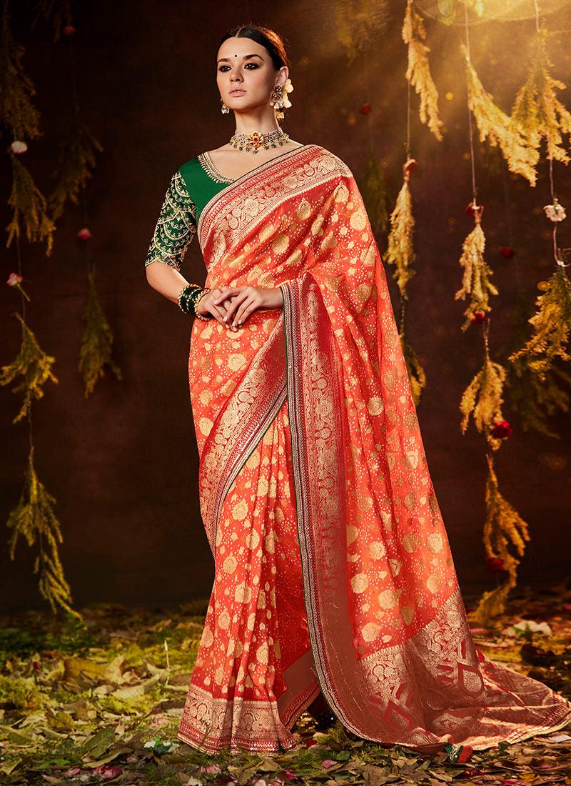 Embroidered Blouse With Orange Bandhej Saree Cheap Sale Discounts