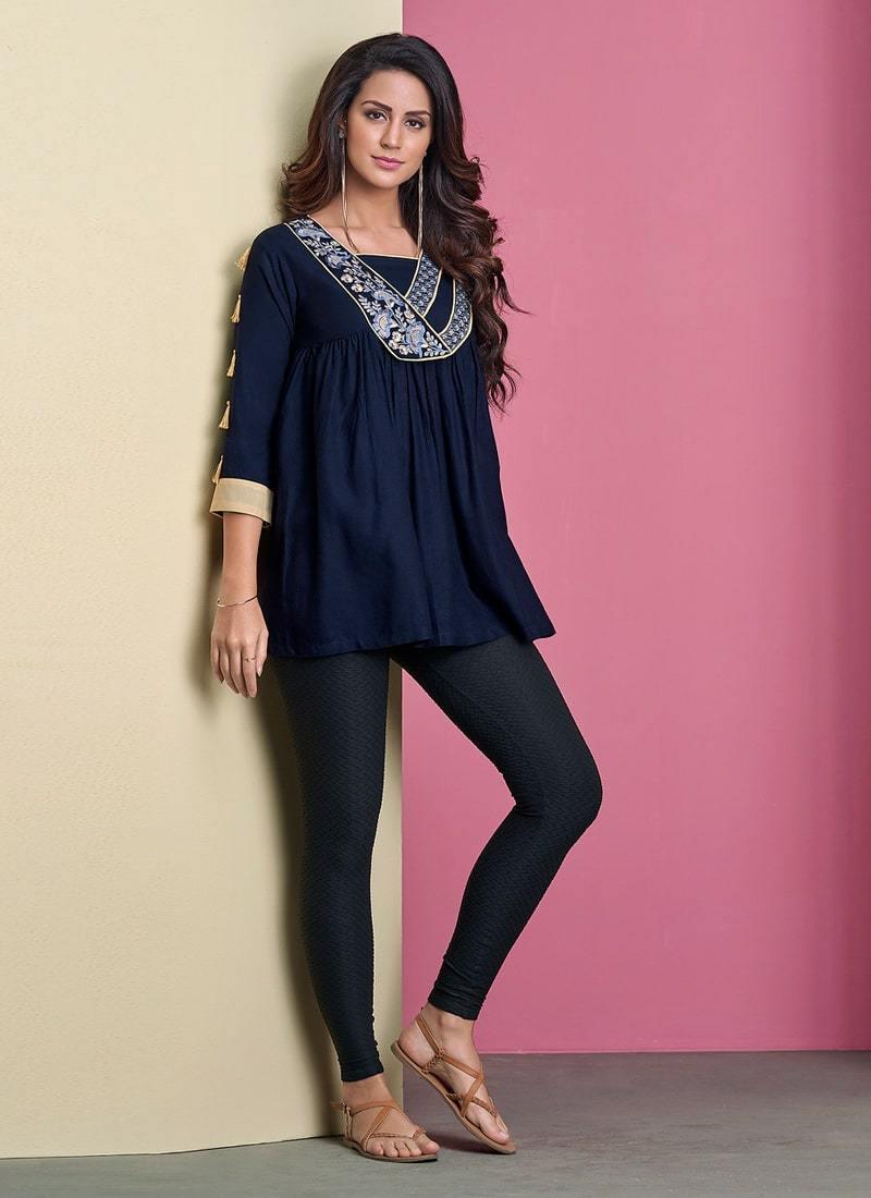 Navy Blue Color 3/4th Sleeves Cotton Fabric Casual Wear Short Kurti Outlet Store Cheap Online