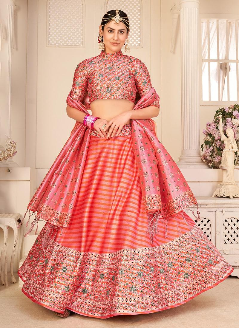 Digital Printed Sleeveless Blouse High Neckline Red Lehenga Choli Sale Lowest Pice