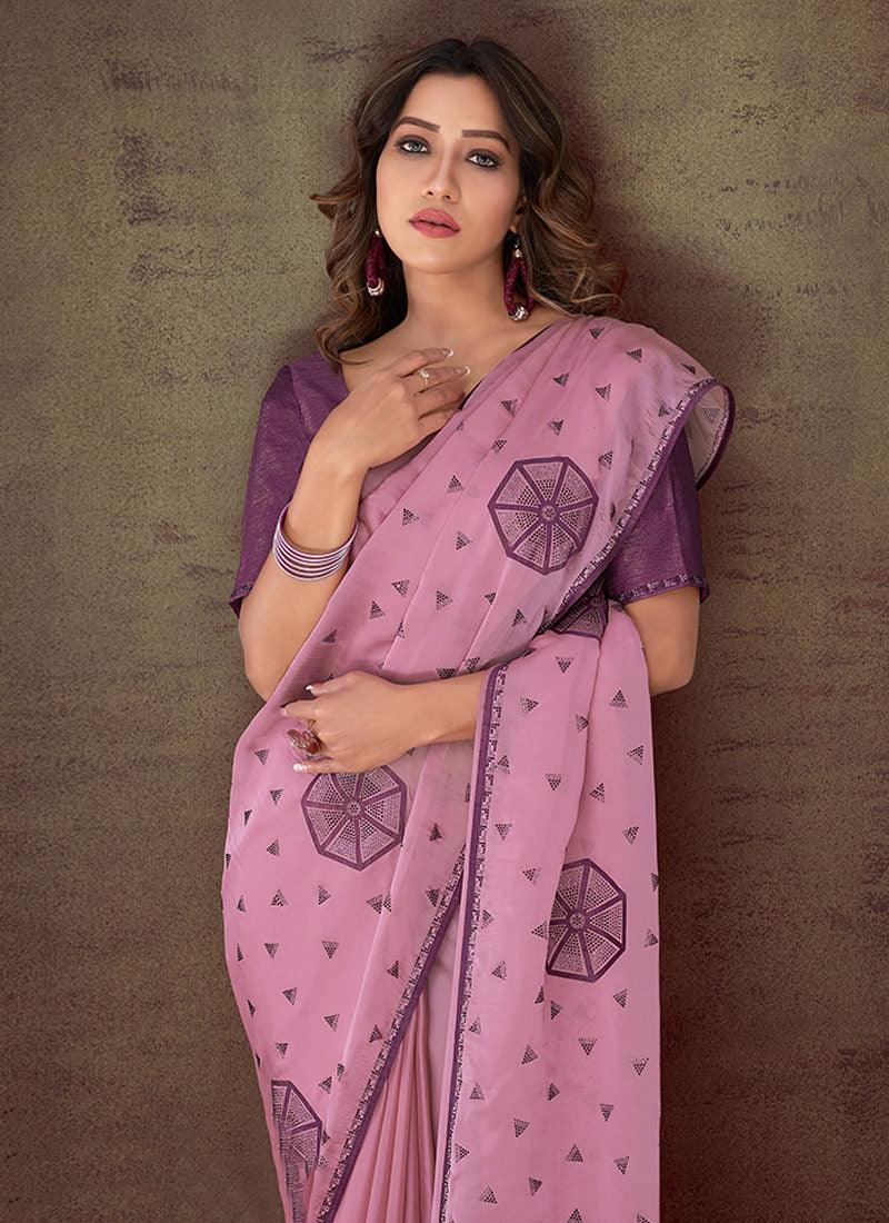 Stone Work Pink Color Classic Saree Sale Authentic