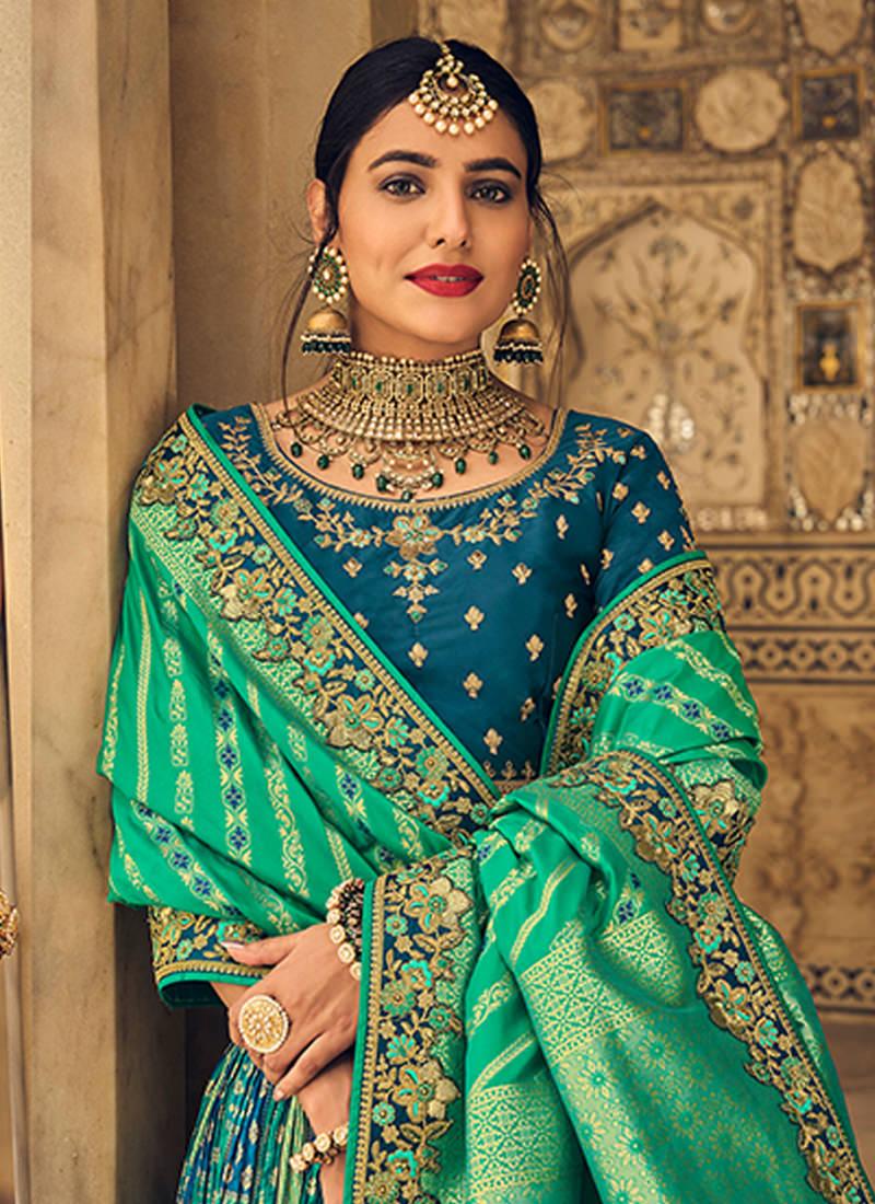 Teal Green Heavy Embroidered Crushed Lehenga Sast Sale Online