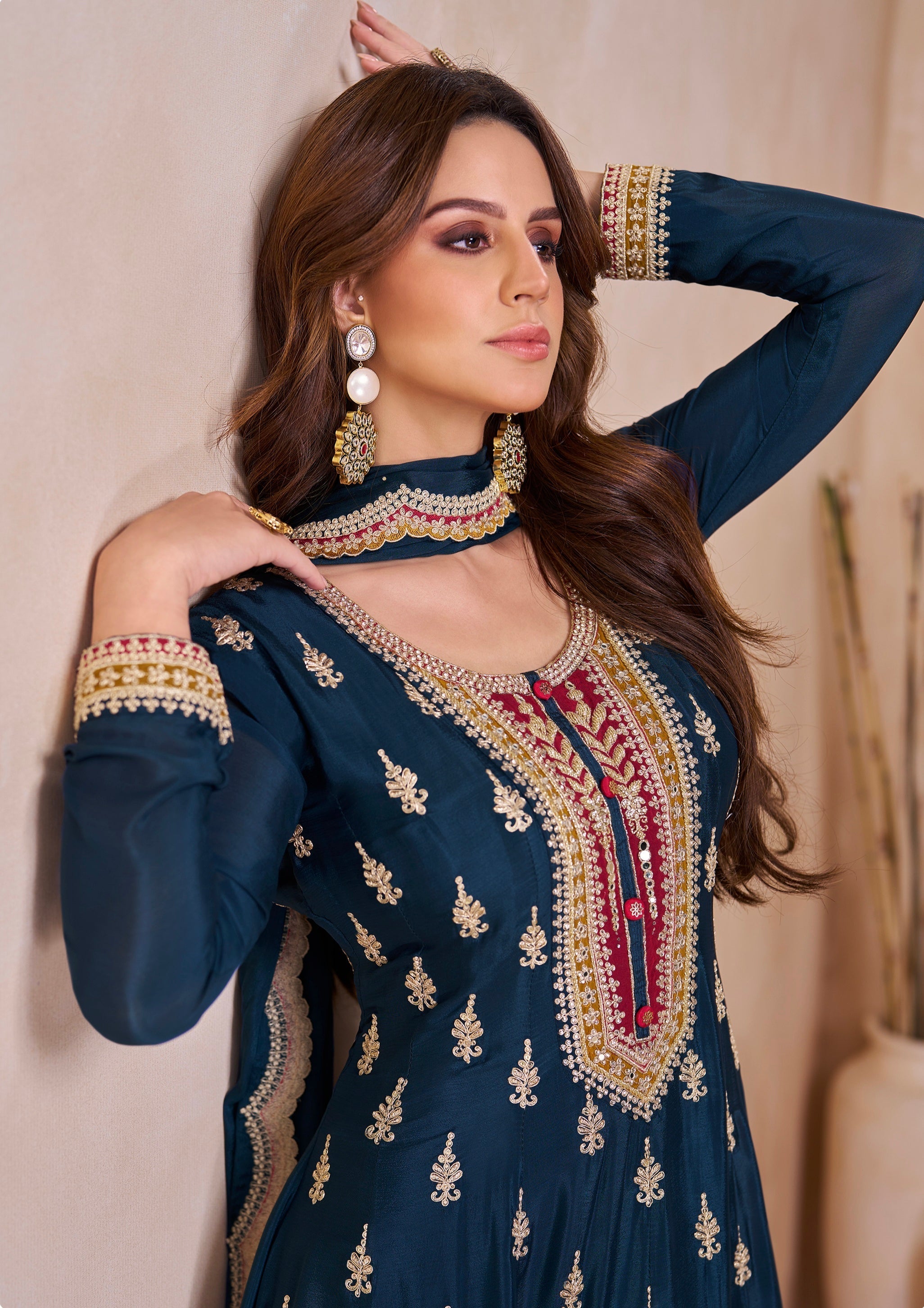 Blazing Navy Blue Embroidered Chinon Palazzo Set Discount For Cheap