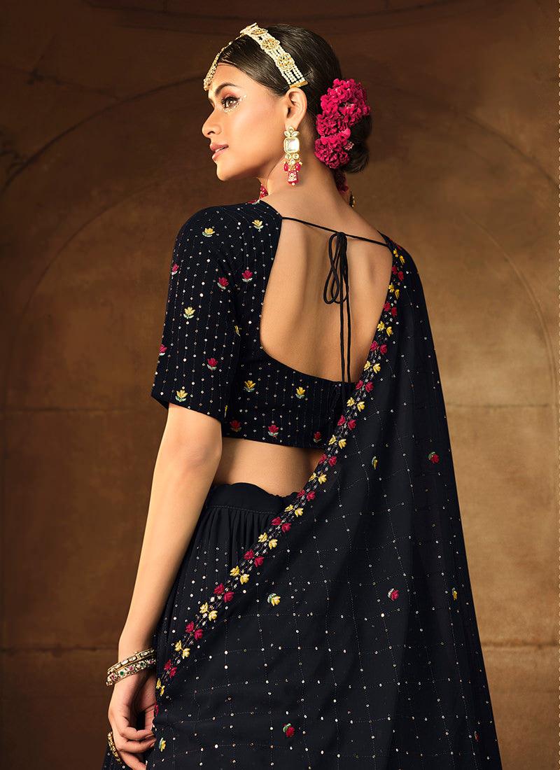 Navy Blue Embroidered Floral Lehenga Cheap Sale Shop