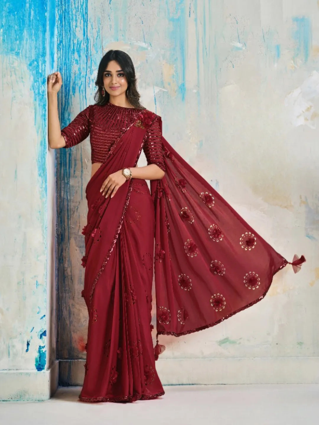 Ravishing Red Satin Crepe Applique Floral Ready To Wear Saree Discount Sast