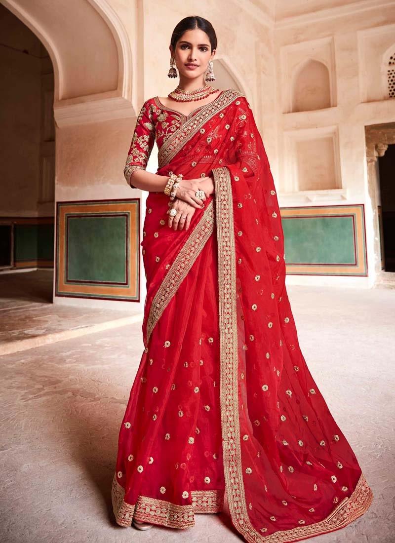 Weddingwear Stylish Red Colored Organza Base Saree Outlet Amazon