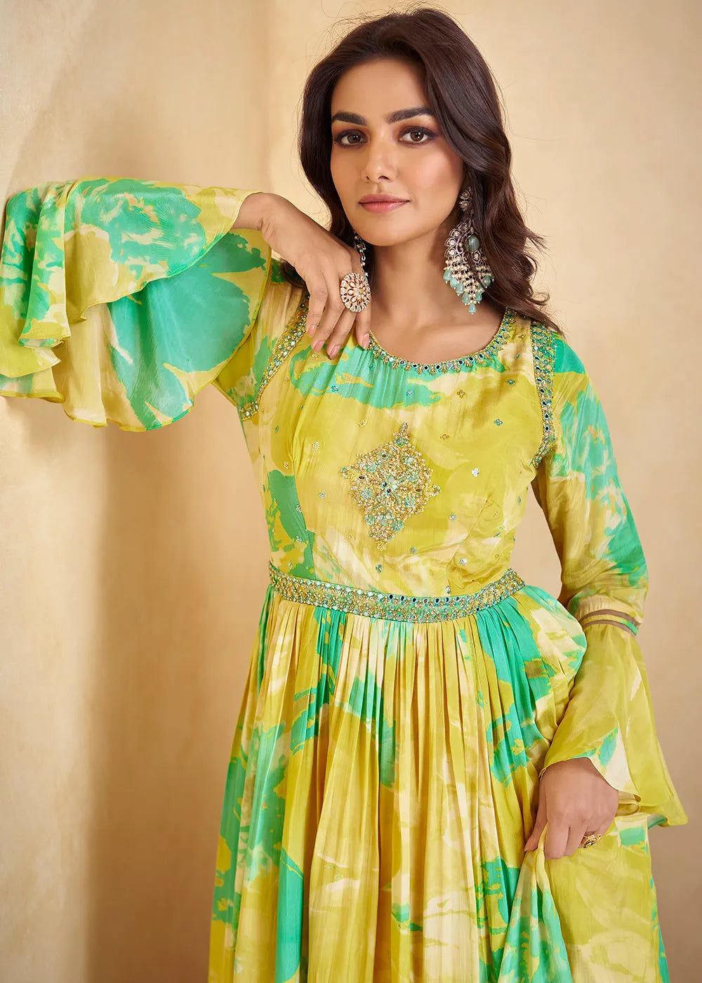 Lemon Yellow Digital Floral Printed  Chinon Anarkali Gown With Dupatta Best Sale Online