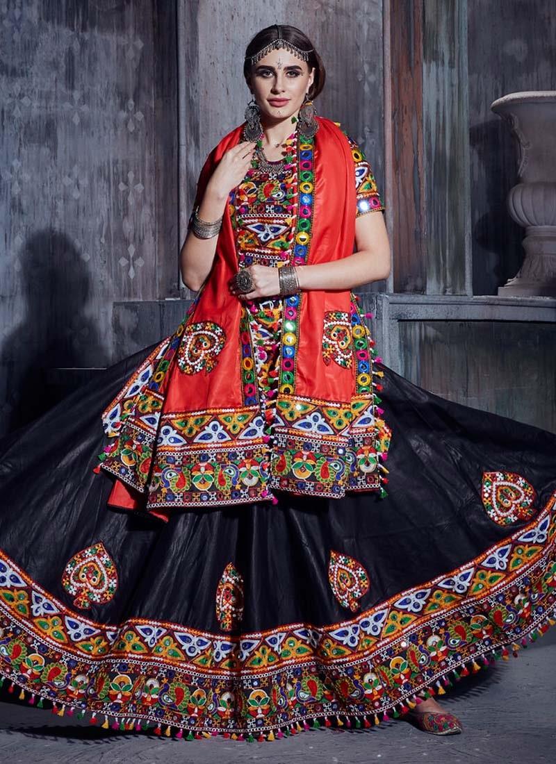 Mirror And Resham work Black Color Cotton Fabric Navratri Special Lehenga Choli Cheap From China