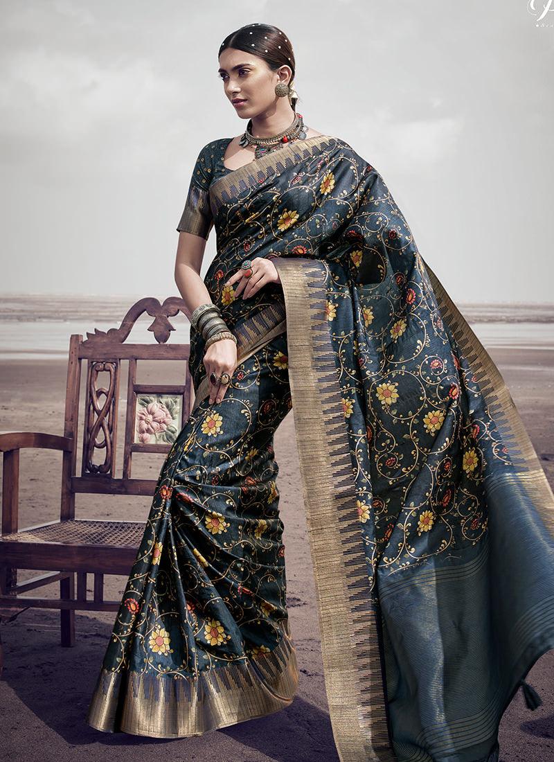 Navy Blue Color Silk Fabric Printed Saree Genuine Sale Online