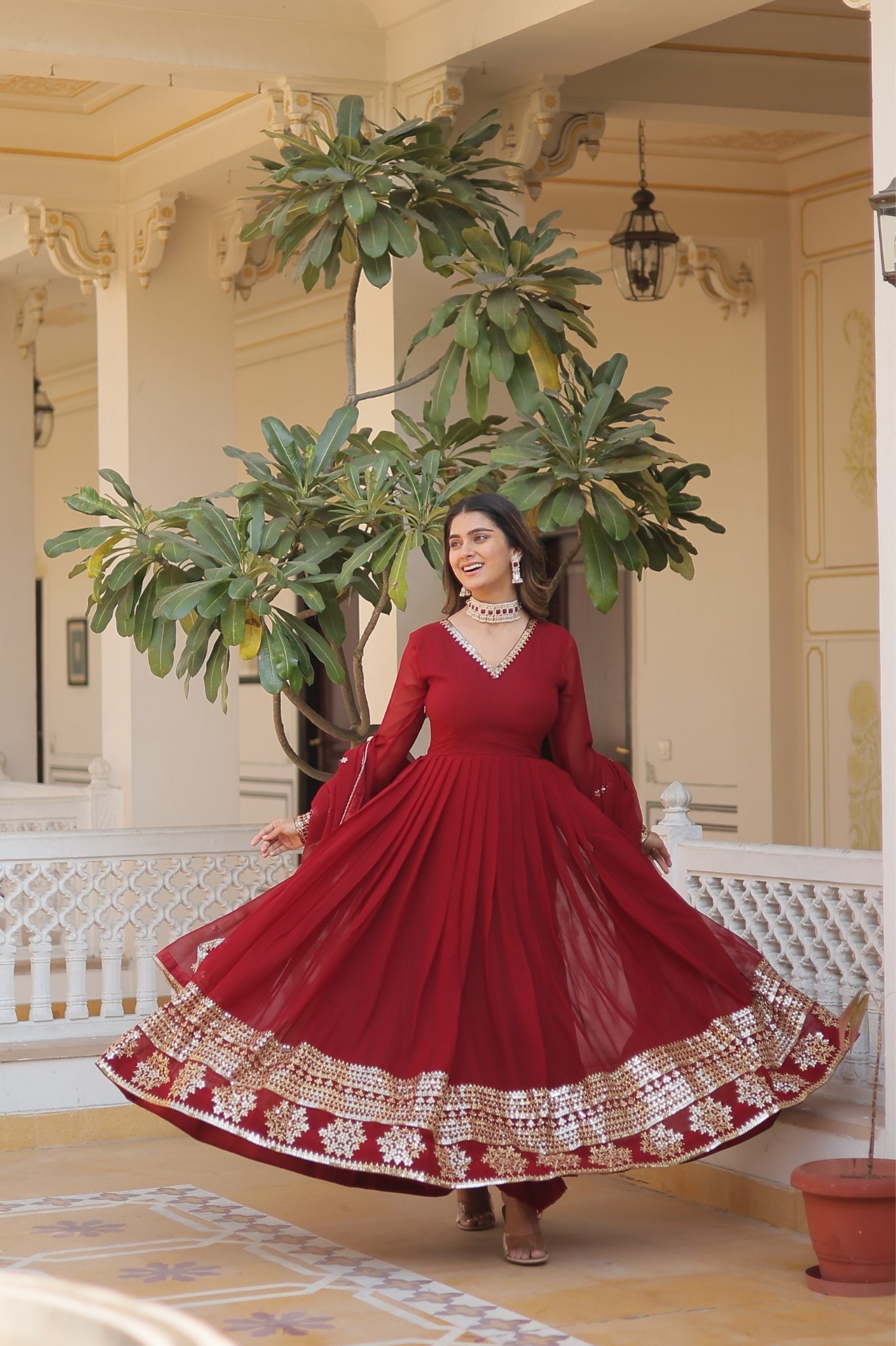 Maroon Georgette Embroidered Gown with dupatta Nicekicks