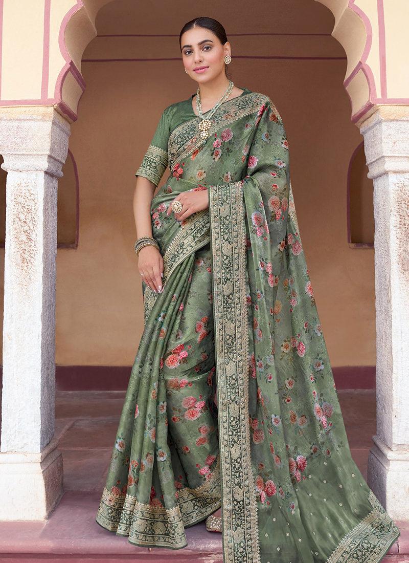 Embroidered Green Organza Floral Saree Buy Cheap Limited Edition