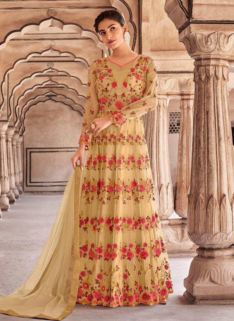 Light Beige Color Heavy Embroidered Swaroski Work Soft Net Base Gown Clearance Fashionable