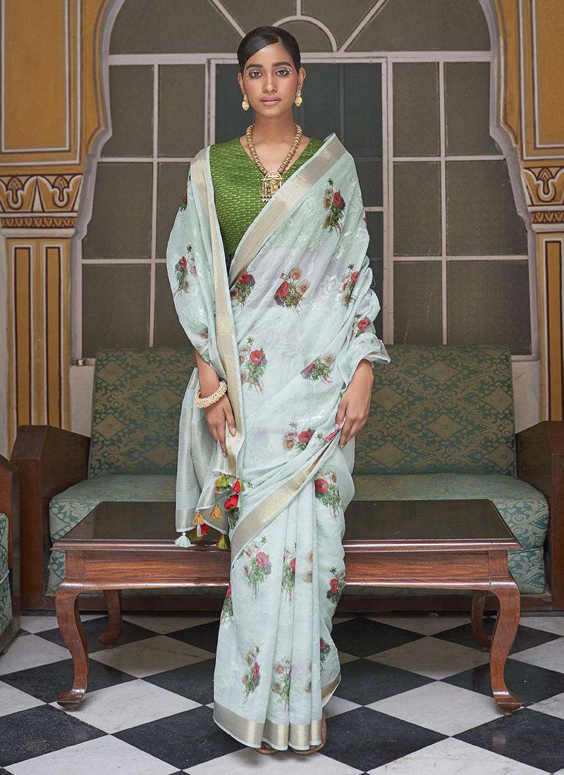 Sky Blue Deep V-Neckline Floral Saree Where To Buy Low Pice