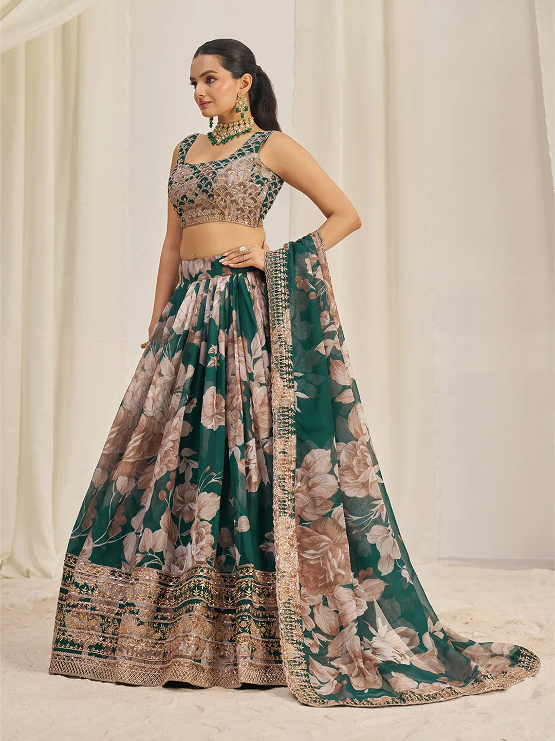 Dark Green Organza Zari Dori Sequins Floral Lehenga Choli Set Sale Top Quality