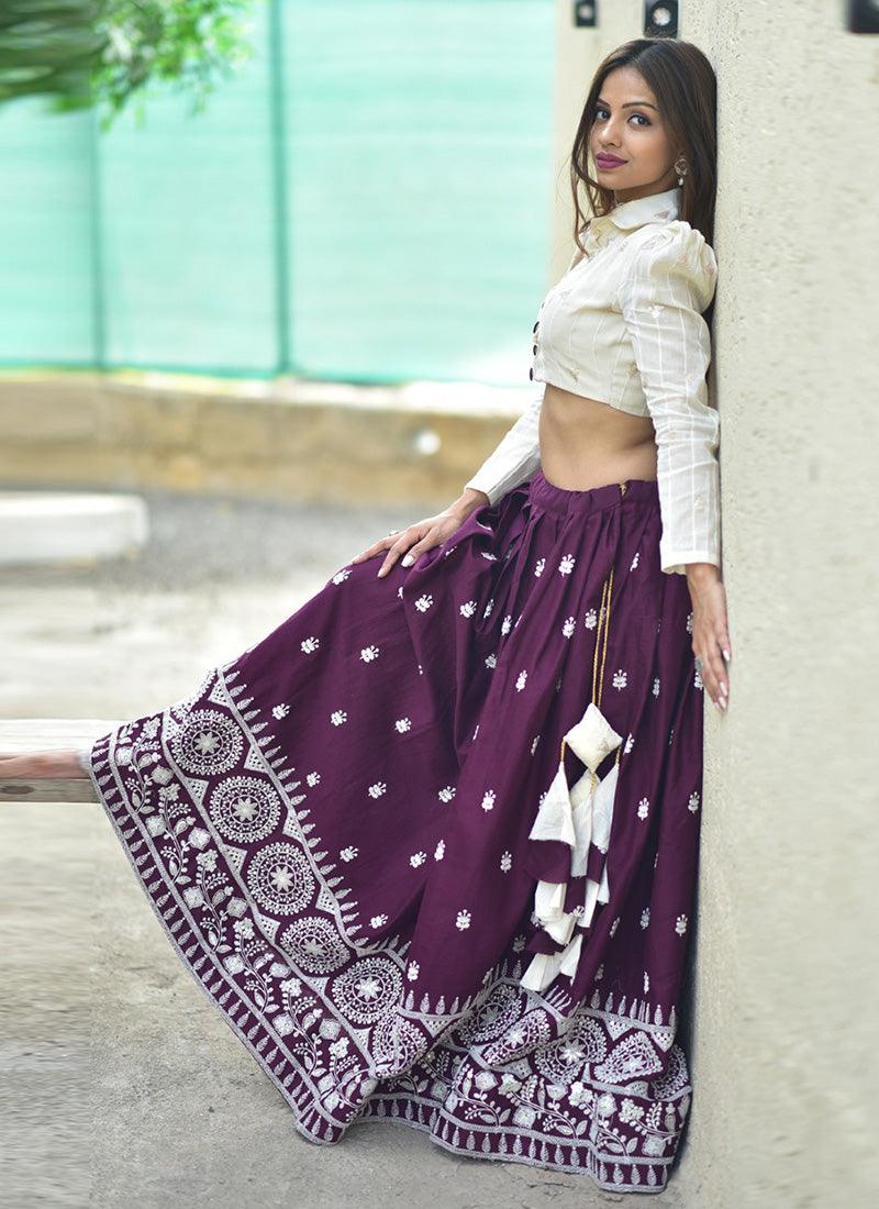 Wine Color Collared Blouse Pure Cotton Lehenga Choli With Lucknowi Worked Choice Cheap Pice