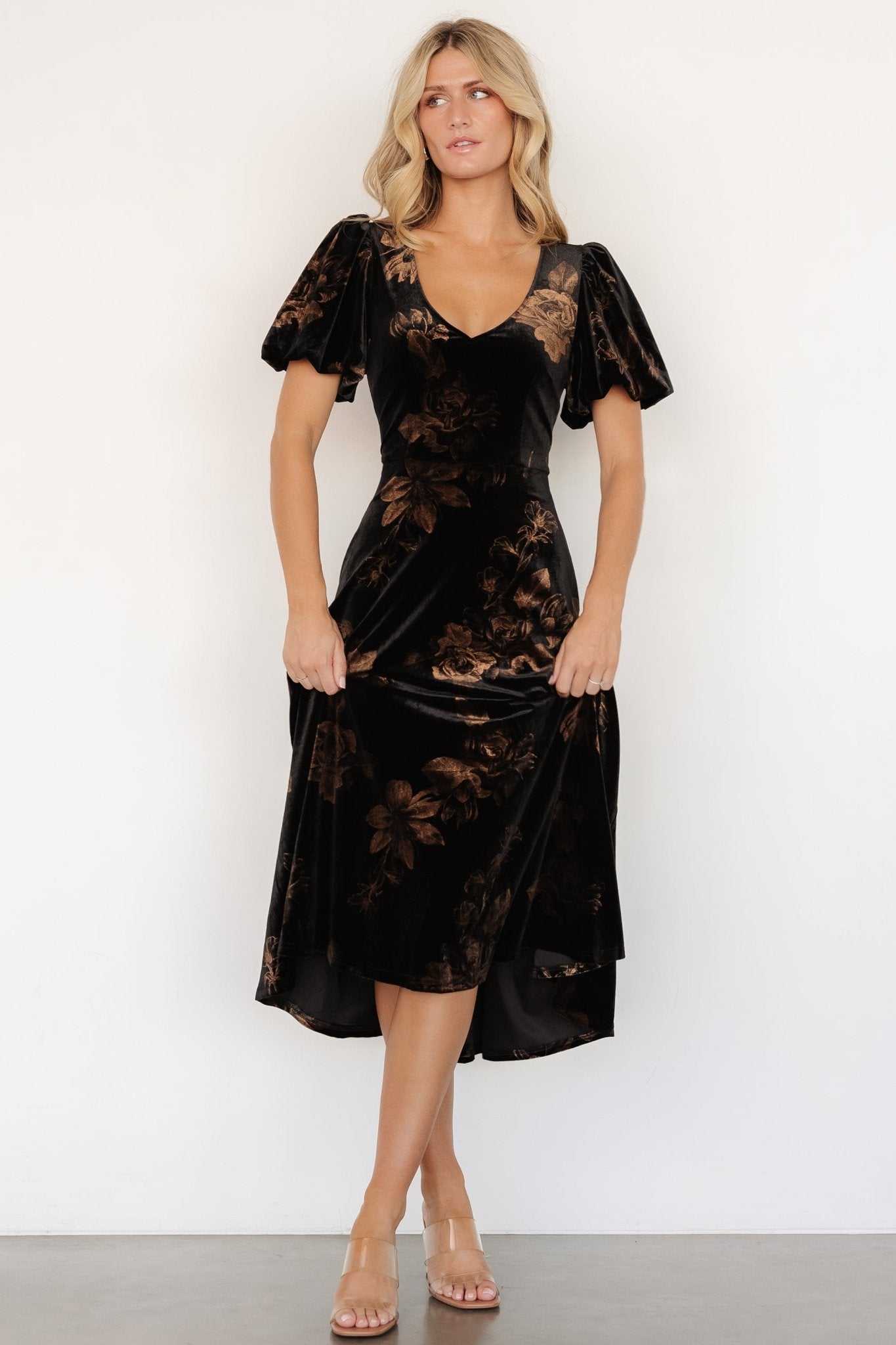 Janna Velvet Midi Dress | Black + Bronze Floral Deals Cheap Pice