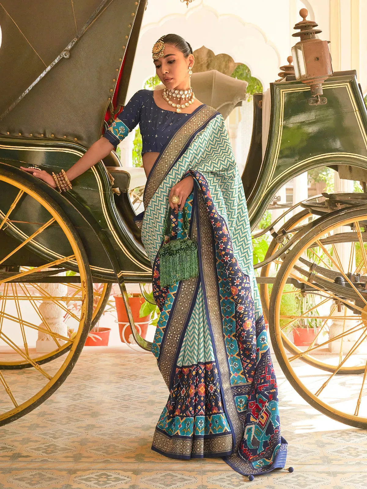 Superb Teal-Navy Blue Silk Saree with Designer Hathi Pallu Newest