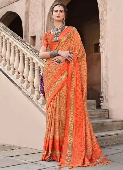 Fabulous Orange Ajrakh Printed Sigma Silk Traditional Saree Store Sale