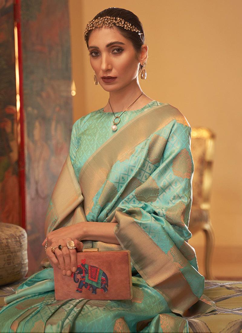 Sea Green Color Silk Base Silk Weave Saree With Boat Neck Blouse Discount Footaction