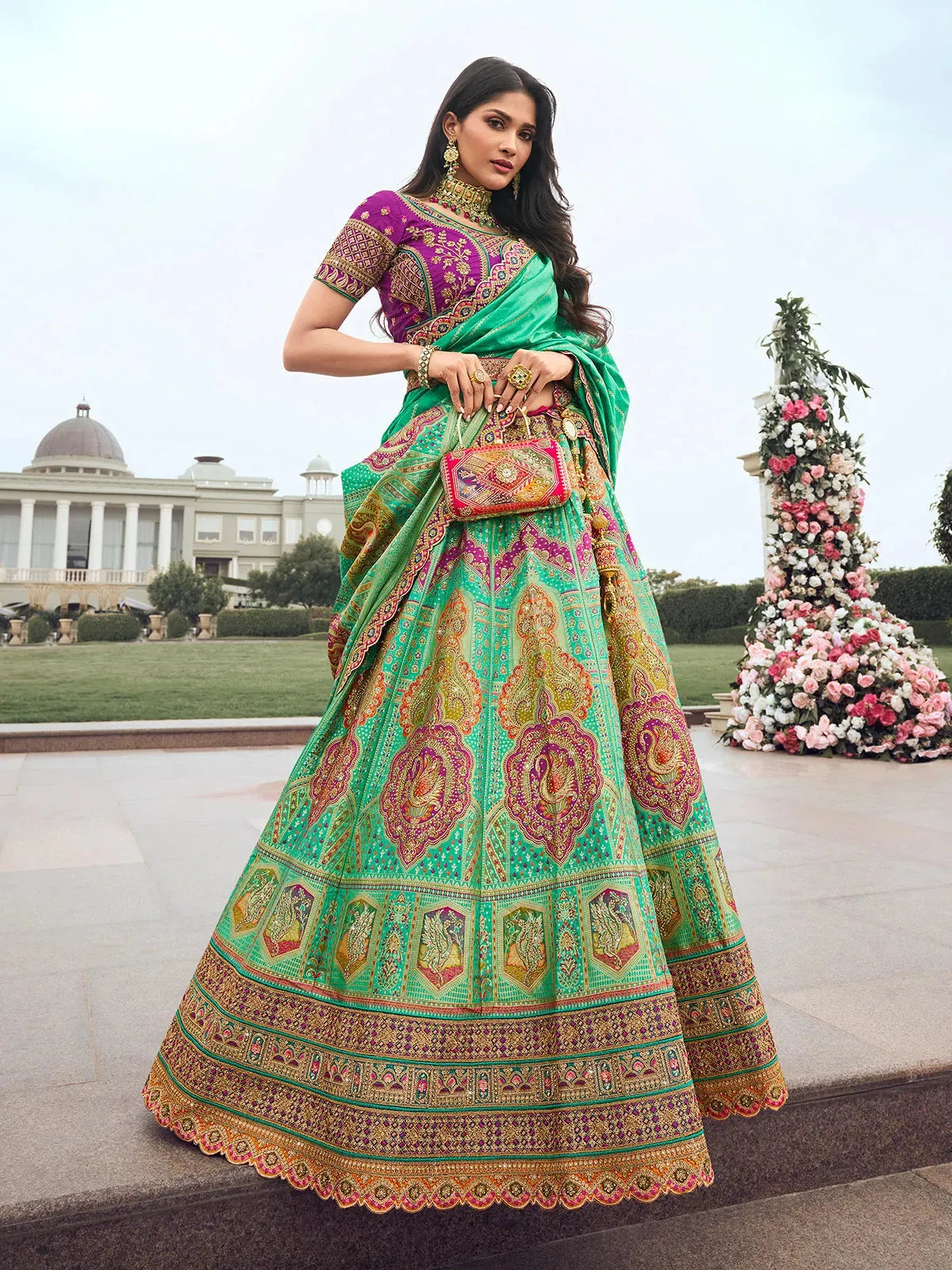 Elegant Embroidered Mint Green Silk  Lehenga Choli Set 100% Original