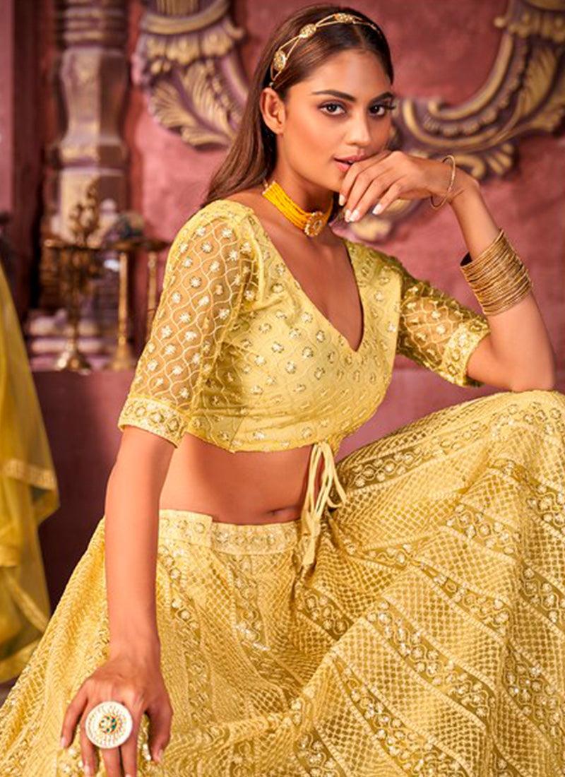 Youthful Net With Designer Work Yellow Color Lehenga Choli Pick A Best Cheap Pice