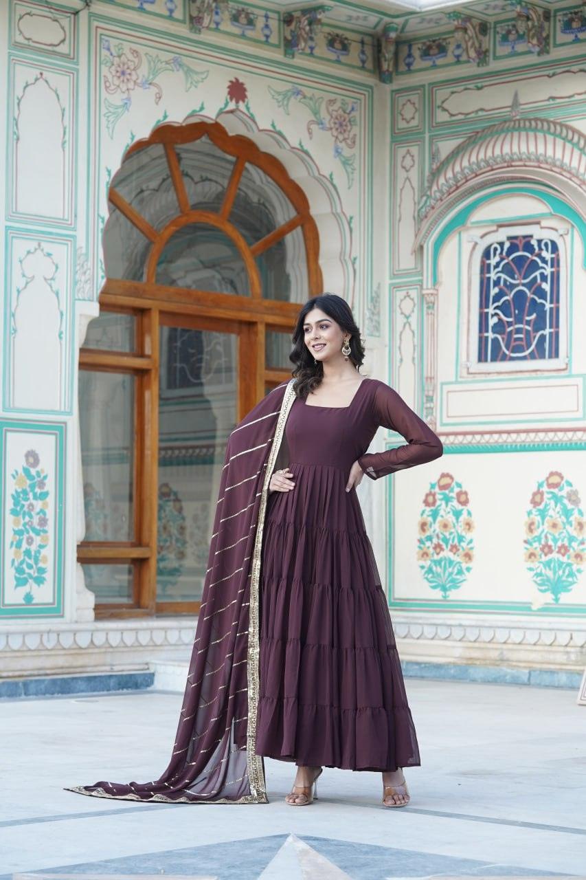 Brown Georgette Embroidered Gown with dupatta Free Shipping Eastbay