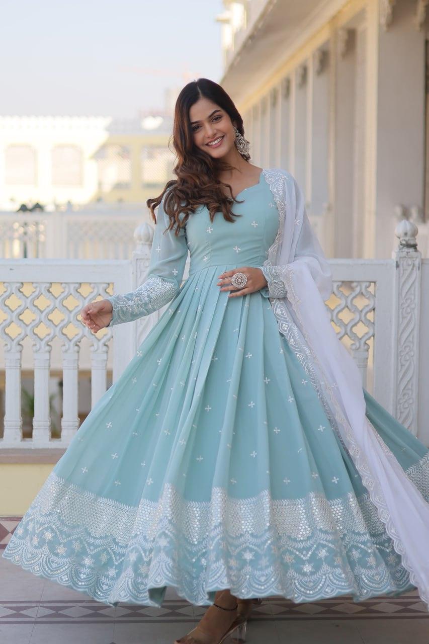 Sky Blue Faux Georgette Thread Sequins Embroidered Gown Cheap Sale Latest Collections