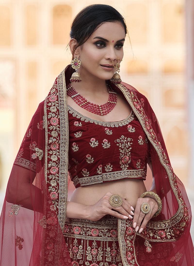 Wedding Wear Maroon Color Heavy Work Velvet Fabric A-Line Lehenga Cheap Sale Big Sale