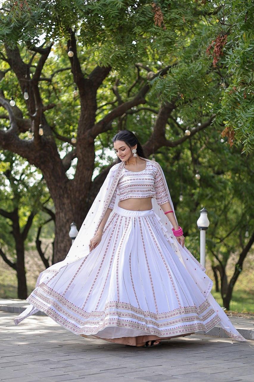 Magnetic White Faux Georgette Coding Embroidered Lehenga Set Clearance Online Official Site