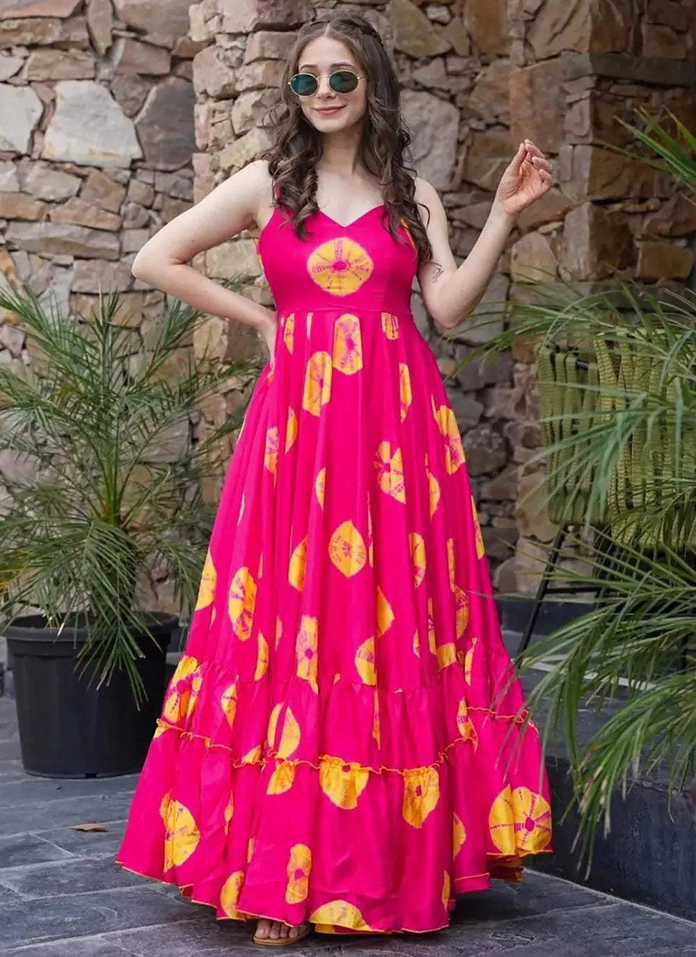 Pink Colored Rayon Gown with Full Flare and Digital Print Outlet Store Online