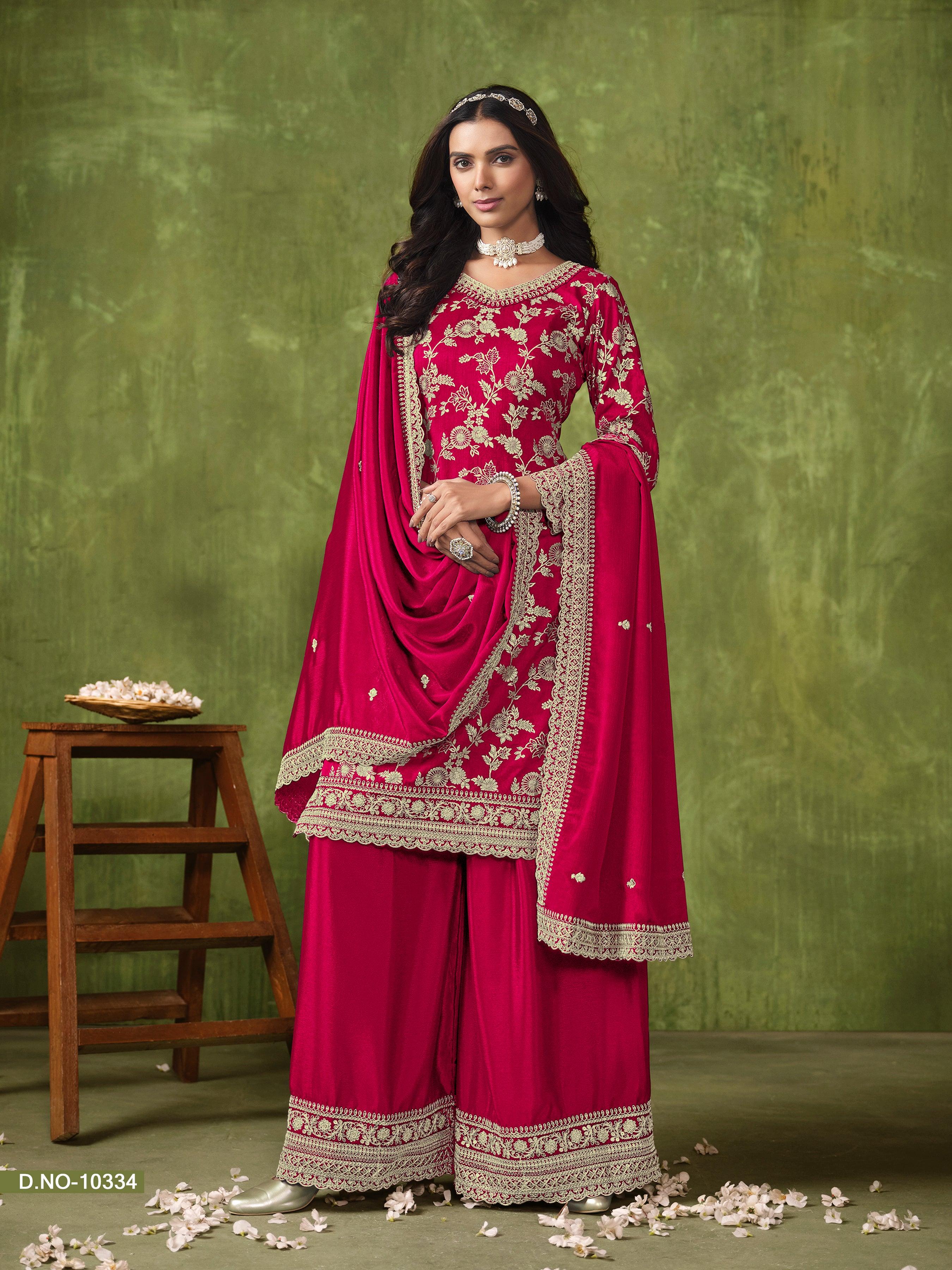 Red Event Wear Dola Silk Jacquard Top Palazzo Suit With Credit Card