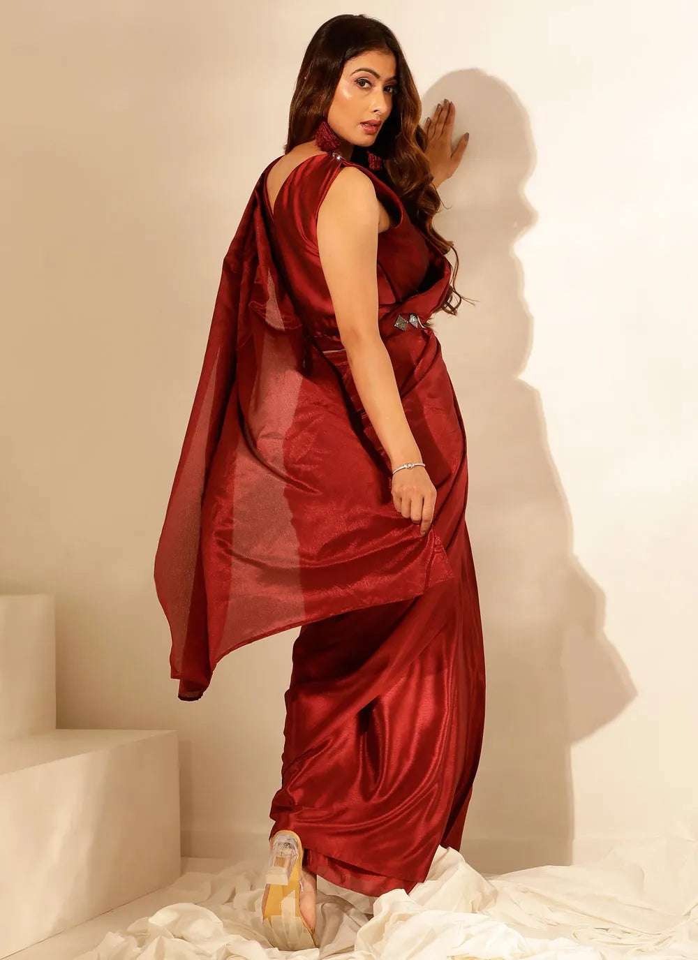 Stylish Red Chinon Saree with Lace Border Detailing Shop For Cheap Online