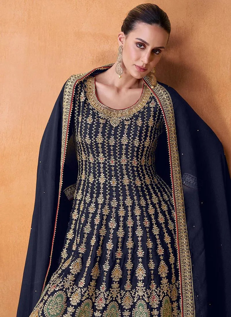 Classic Royal Blue Chinon Embroidered Palazzo Suit Free Shipping Cheap