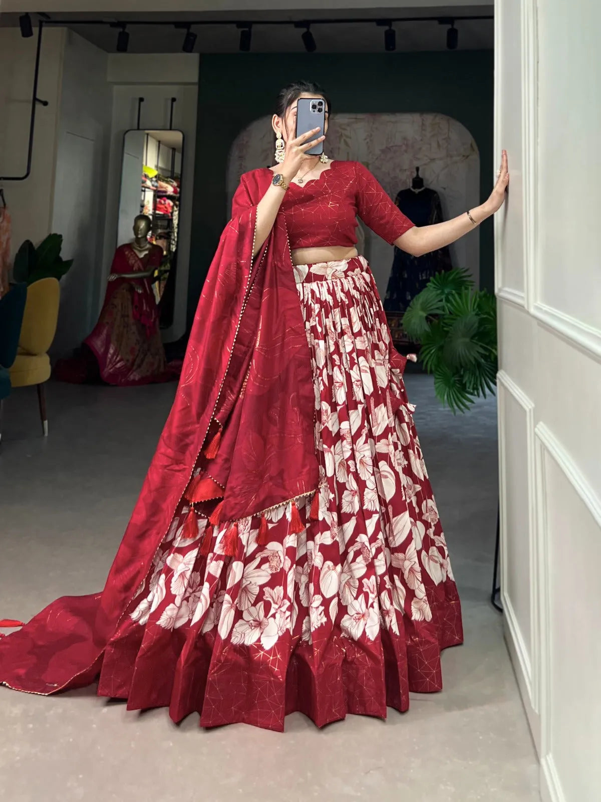 Ravishing Red Tussar Silk Floral Printed Lehenga Choli Set Outlet Discount Sale